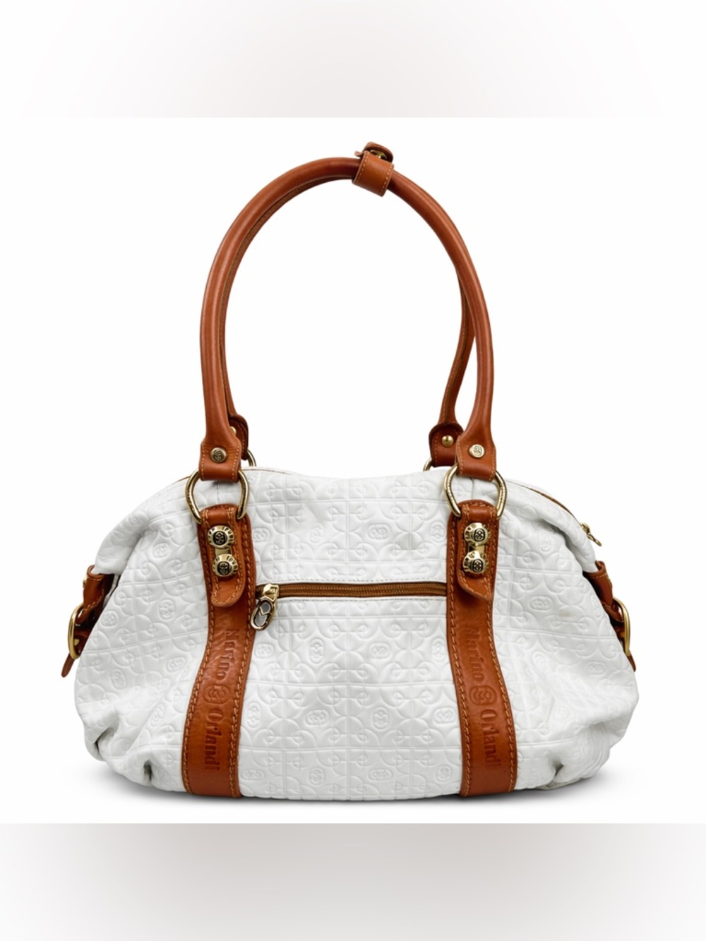 Marino Orlandi White Quilted Satchel with Tan Leather Trim
